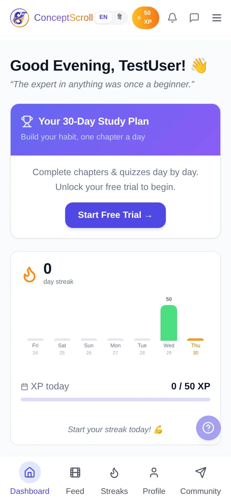MyStudyCoach dashboard with daily challenge and XP progress