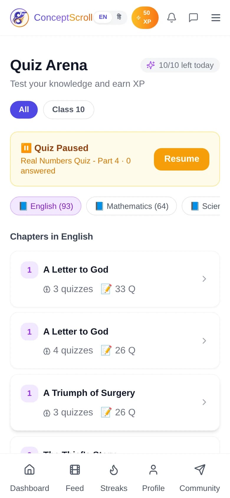 MyStudyCoach quiz arena with subject-wise questions